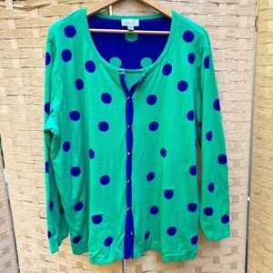 Quacker Factory Women 2X Sweater Green Blue Polka-Dot Cardigan With Attached Top